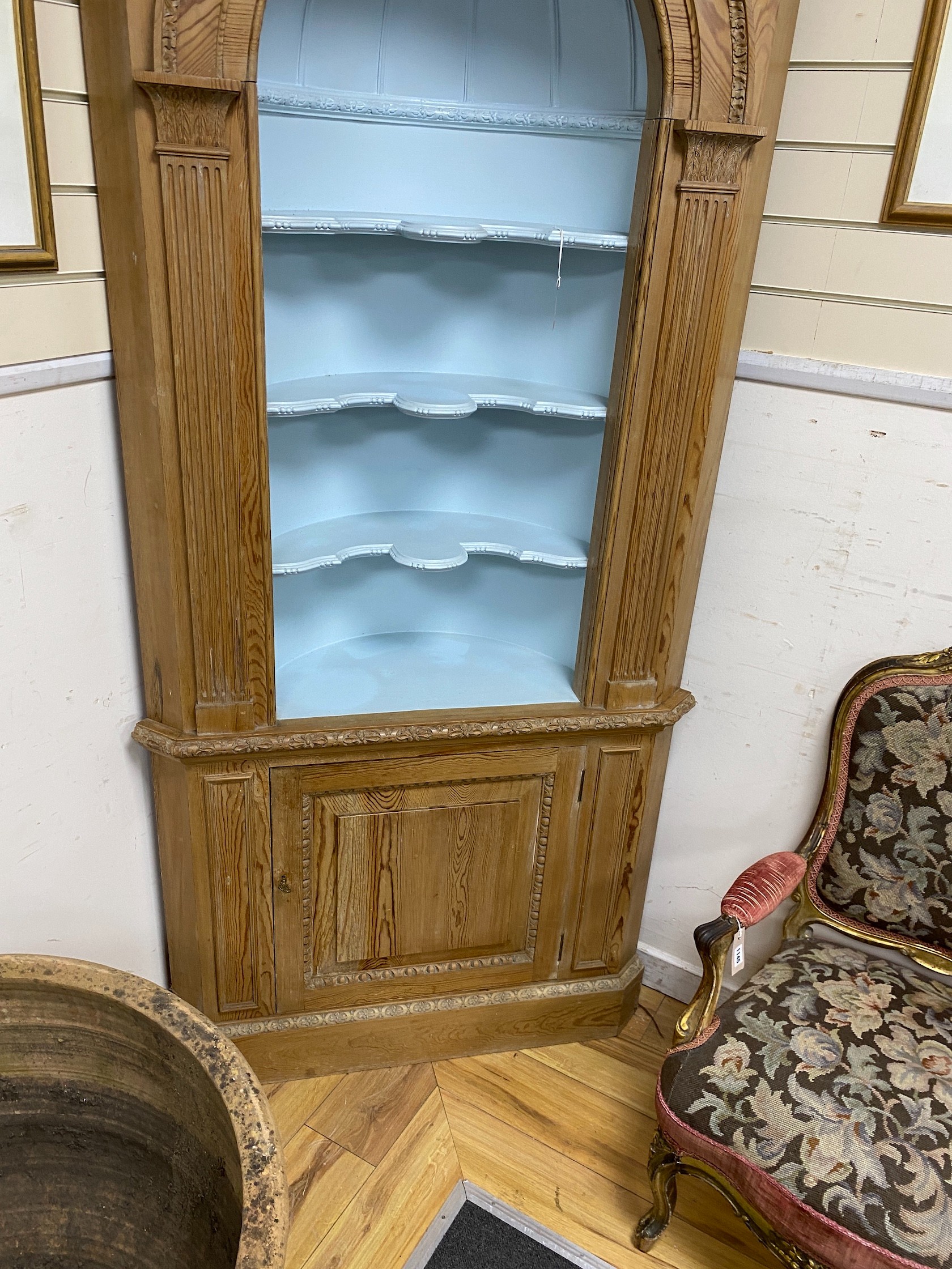 A George III style pitch pine standing corner cupboard, width 96cm, depth 38cm, height 210cm